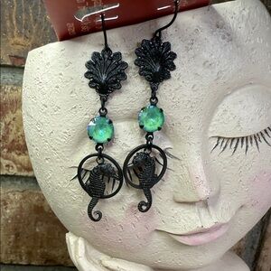 black Seahorse hoop, sea green rhinestone Green Earrings